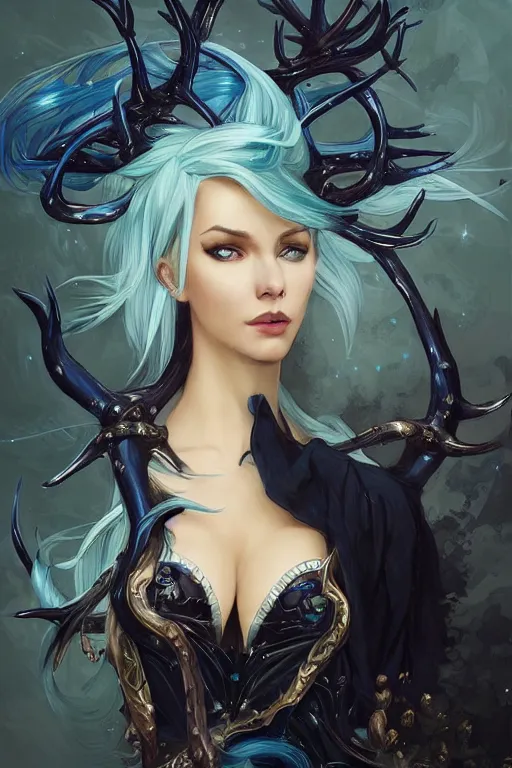 Prompt: fullbody!! dynamic action pose, beautiful woman with blue hair, antlers on her head, long flowing intricate black dress, dnd, face, fantasy, intricate, elegant, highly detailed, digital painting, artstation, concept art, smooth, sharp focus, illustration, art by artgerm and greg rutkowski and alphonse mucha