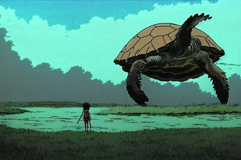 Image similar to a still from princess mononoke ( 1 9 9 7 ) film of a giant mechanized sea turtle, at night in the suburbs. full body, wide shot, very muted colors, post grunge, studio ghibli, laurie greasley, highly detailed, deviantart, art by artgem