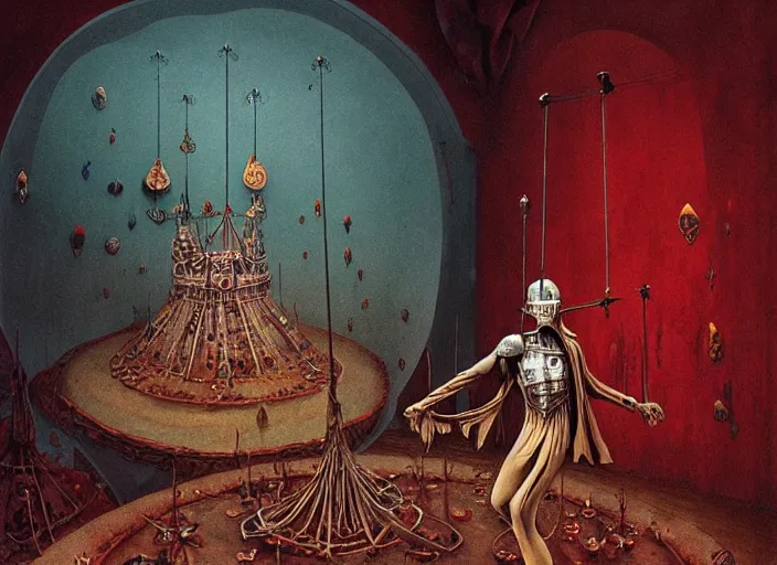 Prompt: scene from circus interior, renaissance knight executioner priest fashion model, pizza intricated, art by james jean, exquisite details, background sea fractal of pale color holy mountain, painted by zdzislaw beksinski