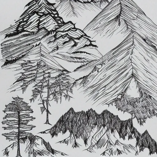 Image similar to mountains an trees in fantasy map style, high detailed drawing, drawing on wihte paper