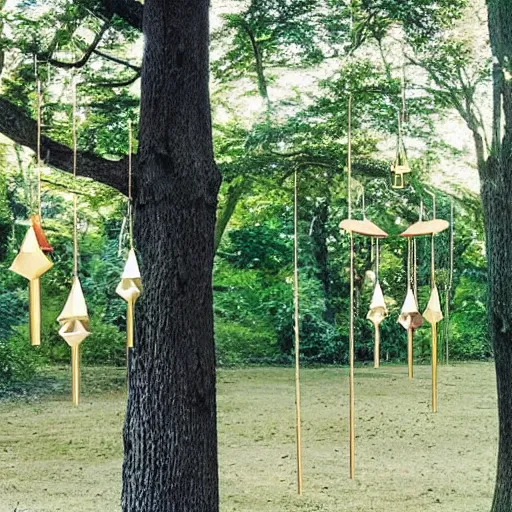 Prompt: a magical forest with golden wind chimes hanged on the trees