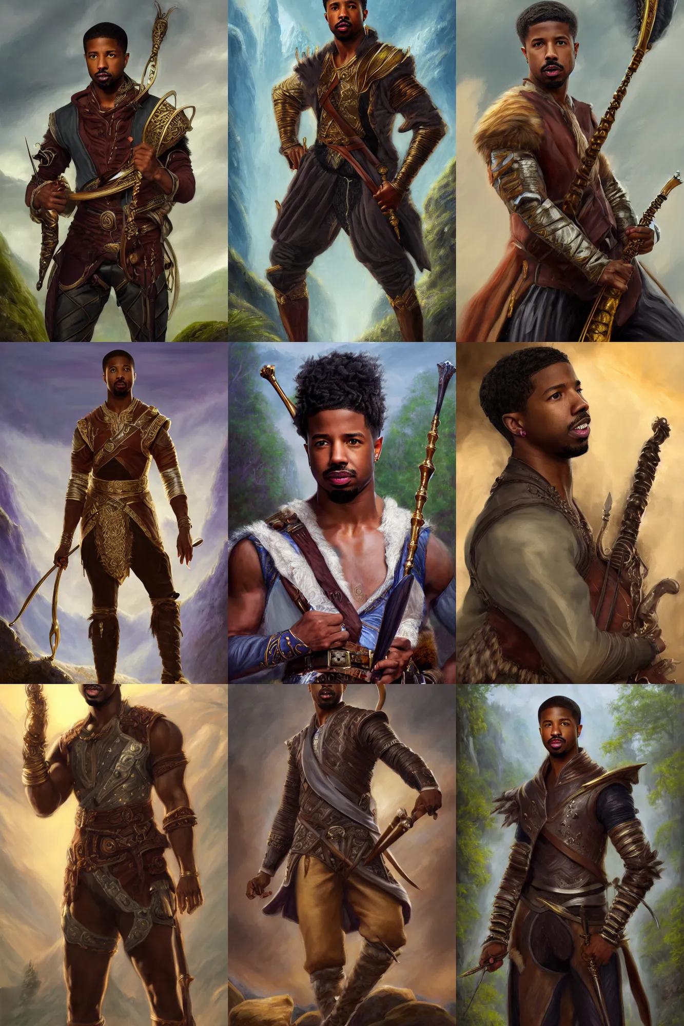 Prompt: a full body high detail fantasy portrait oil painting illustration of michael b. jordan as an elegant male bard by justin sweet with face and body clearly visible, in a scenic background, pupils visible, realistic proportions, d & d, rpg, forgotten realms, artstation trending, high quality, sombre mood, artstation trending, muted colours, entire person visible!