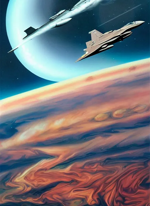 Image similar to poster artwork by michael whelan and tomer hanuka, a portrait, f 3 5 jets dogfighting in the clouds of jupiter, clean