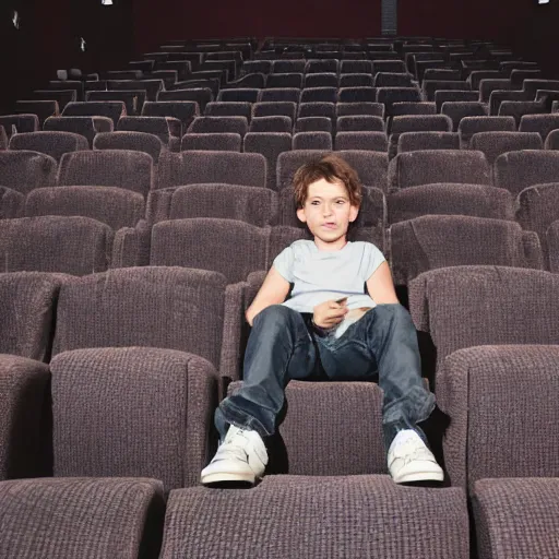 Image similar to real photo of a boy sitting alone in a cinema, extremely detailed and intricate