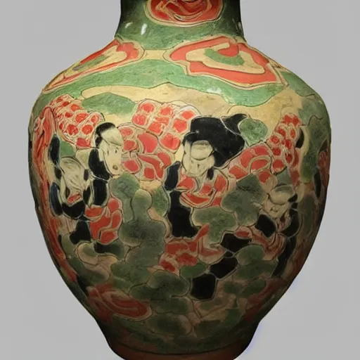 Image similar to vase work, Ancient vase art of James P. Sullivani in art style of chinese art, fragmented clay firing chinese vase with an James P. Sullivan in the style of ancient chinese art, ancient chinese art!!!!! chinese art