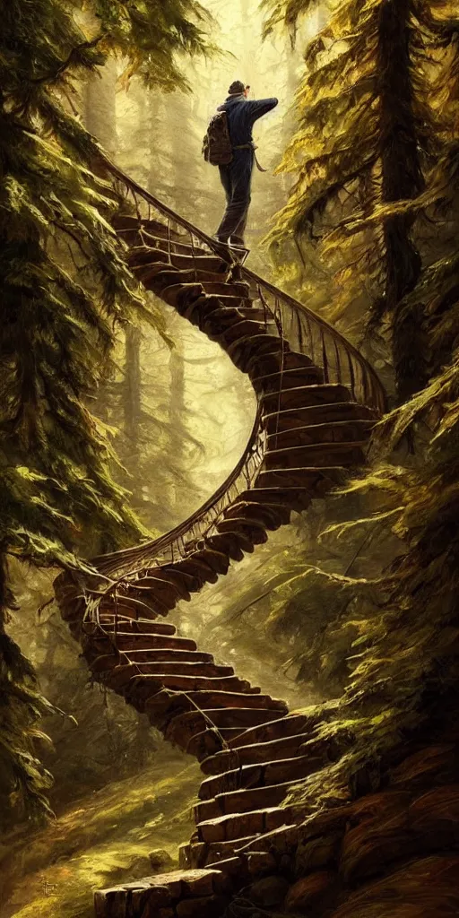 Prompt: a man walking up a steep and winding staircase, in beautiful woods, intricate, elegant, highly detailed, oil painting, artstation, concept art, sharp focus, beautiful illustration, society, by justin gerard and artgerm, 4 k