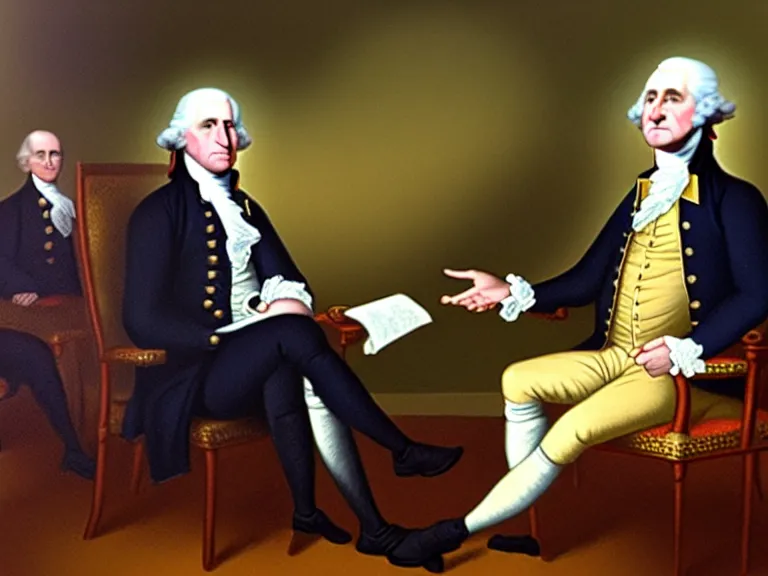 Prompt: George Washington being interviewed by Conan O’Brian; Late Night with Conan O’Brian