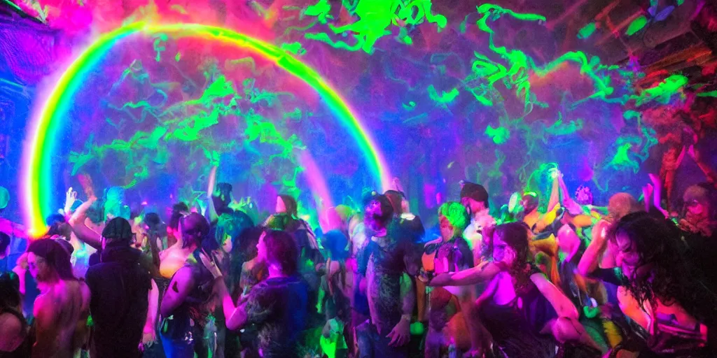 Image similar to love, groups of people with glowing blacklight bodies, from behind, rebirth, beauty, wide angle, elaborate, wet, highly detailed, smoke, steam, rainbow lasers, reflections, vivid colors, beautiful lighting