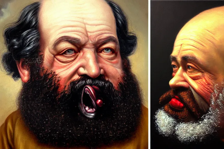 Image similar to ( ( a beautiful 8 k photorealistic masterpiece oil - painting ) ( close up ) and ( zoom out ) ( of ( karl marx with osteogenesis imperfecta ) ( shouting to a dwarf ( angry ) ) ) ( hyperrealism ) ( 1 6 k ) ( trending on artstation )