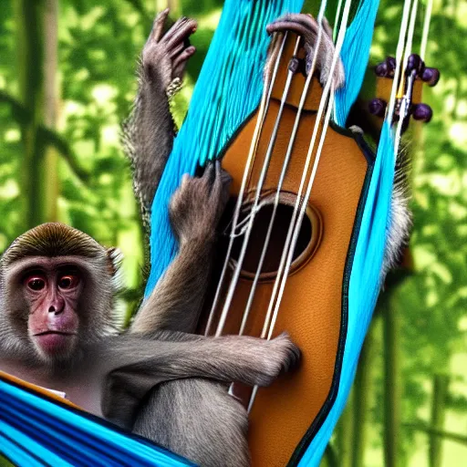 Image similar to a monkey playing the guitar while in a hammock, photorealistic, 4 k