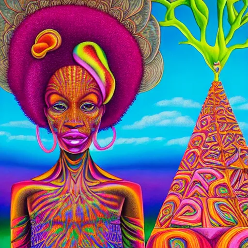 Image similar to a regal and fearsome african queen with a colorful afro sitting in a cabana near a large steampunk pyramid near a pink river with a large glowing baobab tree, by amanda sage and alex grey and evgeni gordiets in a surreal psychedelic style, oil on canvas 8k, hd