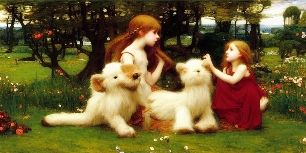 Prompt: 3 d precious moments plush animal, realistic fur, mythology, daily life, master painter and art style of john william waterhouse and caspar david friedrich and philipp otto runge