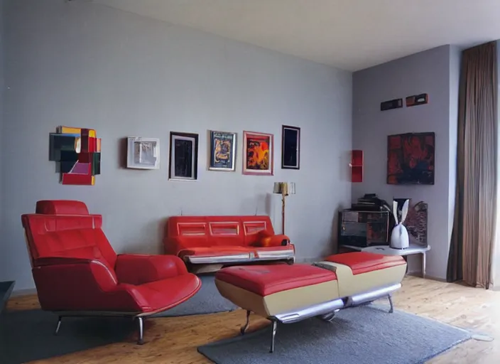 Prompt: retro futuristic apartment, 7 0 s hi fi system, funky furniture, modern art