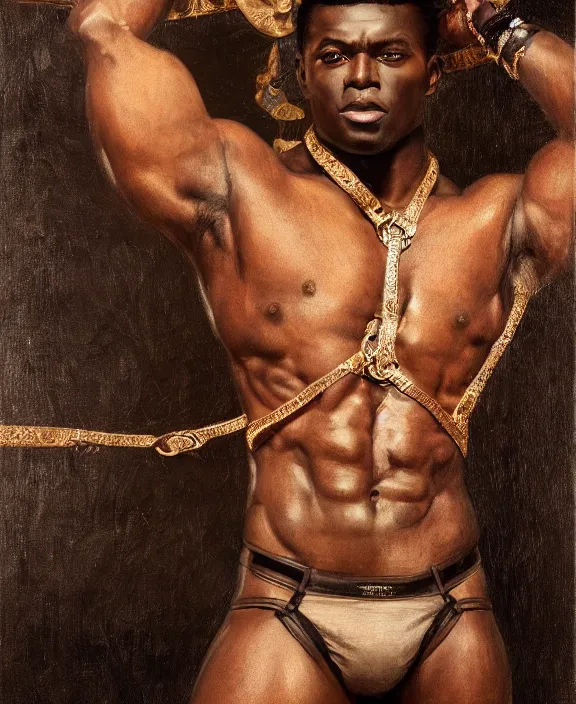 Prompt: a dark skinned muscular man wearing an intricate and detailed suspenders, glistening skin, honey birdette, realistic renaissance portrait, highly detailed, digital painting, artstation, concept art, smooth, sharp focus, cinematic lighting, art by john collier, artgerm and greg rutkowski and alphonse mucha and jacques louis david