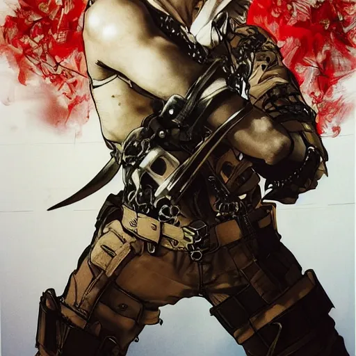 Image similar to portrait of a young white hero using his right arm to hold his sword covering his eye by yoji shinkawa, high quality, extra details, realism, ornate, colored, golden chain, blood, white skin, short hair, brown eyes, vivid, sunlight, red headband, black eyepatch, white american soldier, painting, cybernetics, military