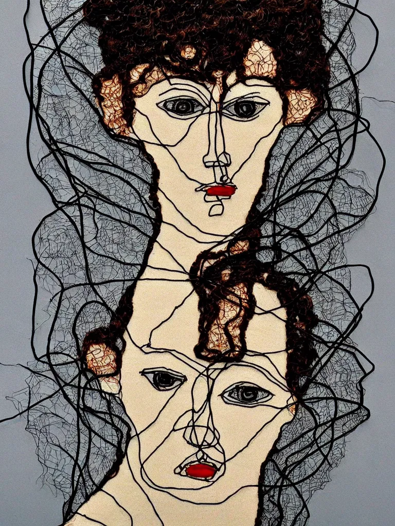 Image similar to metal wire art about an elegant woman. portrait influenced by egon schiele.