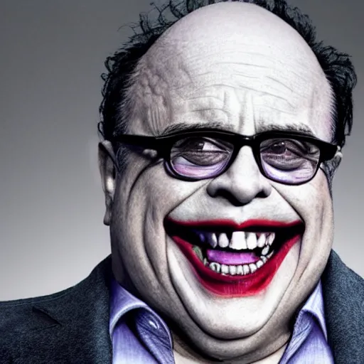 Prompt: Danny Devito as the joker movie still, hyper realistic