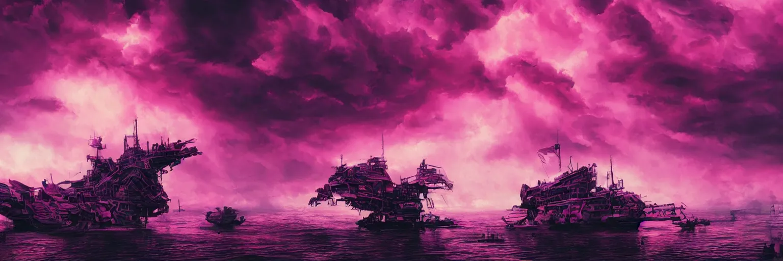 Image similar to hyperdetailed illustration, portrait big dark dog, mohawk, stars, pink, neon, oil painting, rich deep colors masterpiece, pirate neon ship, ultra detailed, contrast, heaven pink, clouds, volumetric light, atmospheric lighting, dramatic, cinematic, moody, octane render 4 k, 8 k