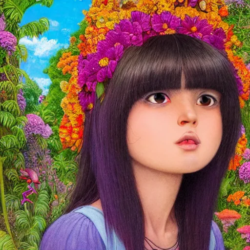 Image similar to real girl dora the explorer, exterior botanical garden, portrait face, colorful, frantisek kupka, intricate, miles johnston, kuroda seiki, cynical realism, ozabu, john william godward, painterly, yoshitaka amano, moebius, miles johnston, louise zhang, james jean, mark ryden lowbrow pop surrealism art style