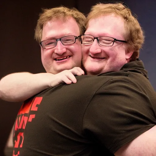Image similar to Mark Zuckerberg hugging Gabe Newell, photography, realistic, laughing