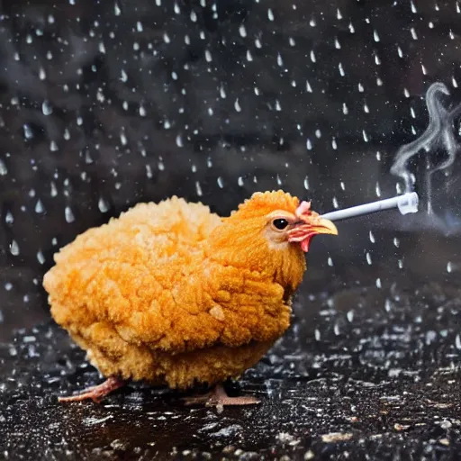 Prompt: Photo of a chicken nugget smoking a cigarette in the rain