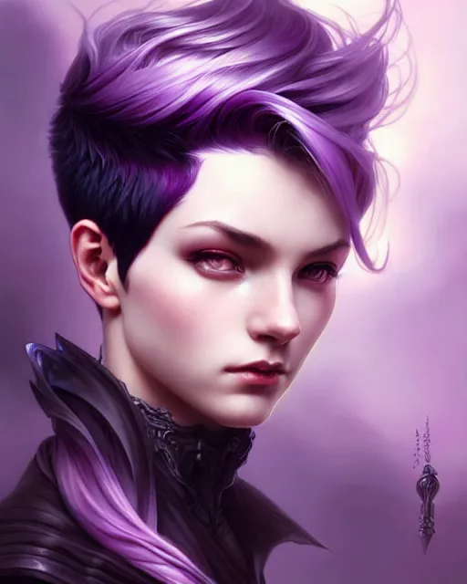 Image similar to fantasy portrait, pixie undercut hairstyle, black to purple fade hair color, intricate, elegant, sharp focus, illustration, highly detailed, digital painting, concept art, matte, art by WLOP and Artgerm and Greg Rutkowski and Alphonse Mucha, masterpiece