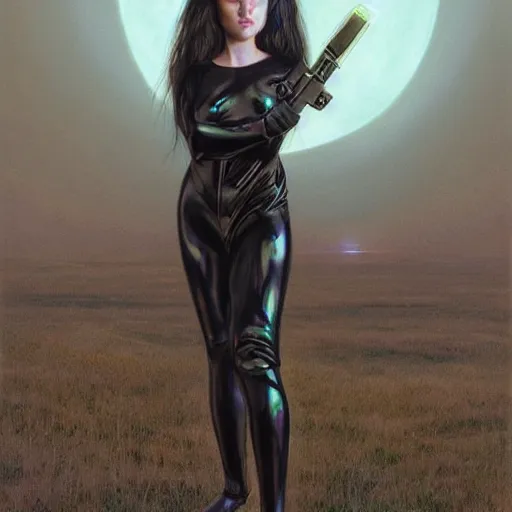 Image similar to pleiadian woman with big eyes and long silver hair wearing a dark body suit and wielding a plasma gun as a realistic sci fi character, portrait art by donato giancola and greg rutkowski, digital art, trending on artstation, standing in a barren field