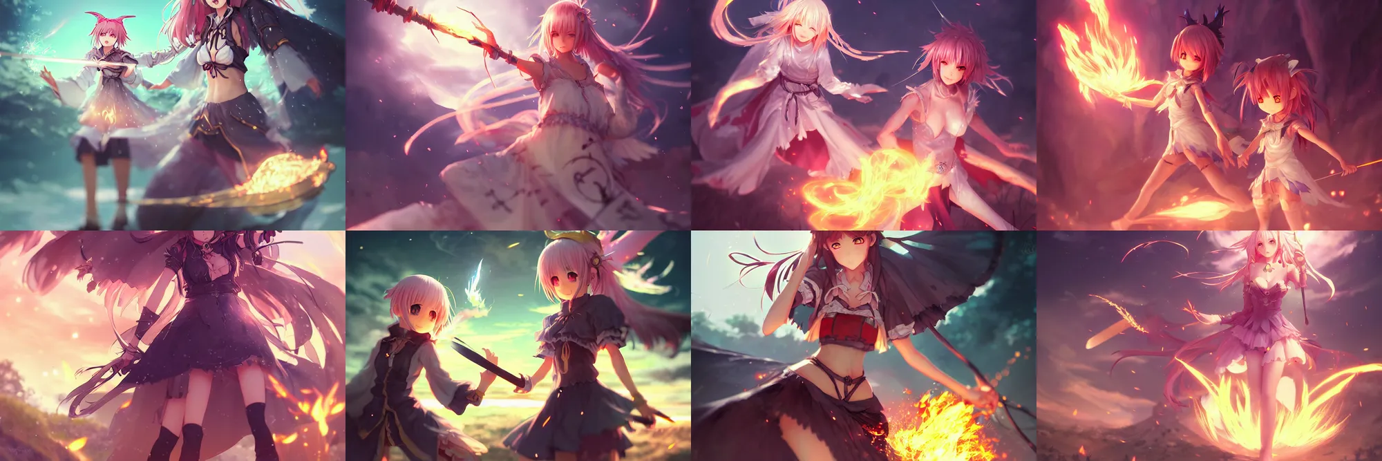 Prompt: Digital anime art by WLOP and Mobius, A cute sorceress defends a village, casting magic spell, fighting pose, wide stance, determined expression, burning corpses of demons, highly detailed, bright sunny lighting