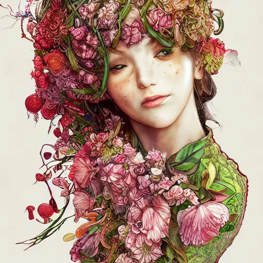 Image similar to the portrait of an absurdly beautiful, graceful, elegant, young woman made of strawberries and green petals, an ultrafine hyperdetailed illustration by kim jung gi, irakli nadar, intricate linework, bright colors, octopath traveler, final fantasy, angular, unreal engine 5 highly rendered, global illumination, radiant light, detailed and intricate environment