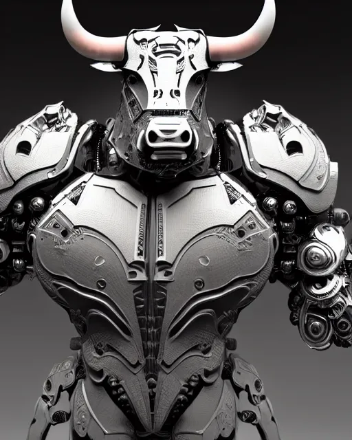 Prompt: a full body shot of a imposing cyborg bull modeled after a bull with open eyes looking into the camera, intricate pattern, hard rubber chest, highly detailed, android, cyborg, full body shot, intricate, 3 d, hyper realism, symmetrical, octane render, fantasy, highly detailed, digital art, artstation, strong bokeh