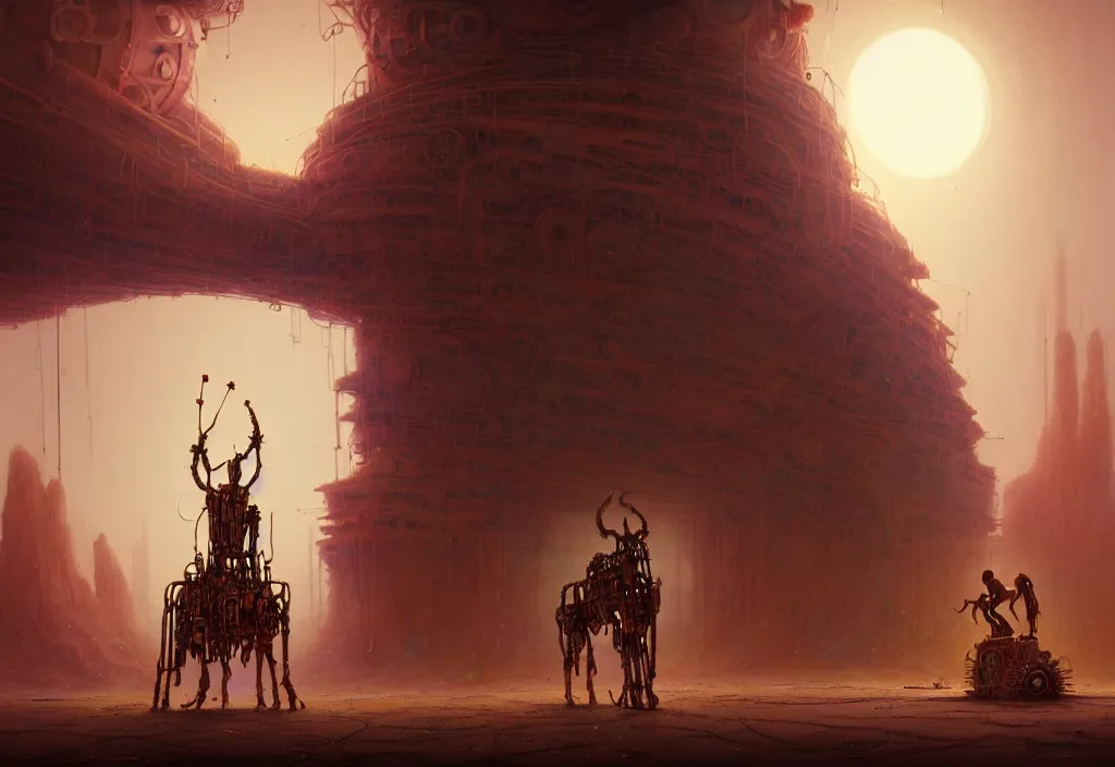 Image similar to A techno-magical male-shaman in shamanistic robes performs a ritual to resurrect a mechanical horse in a huge steel ancient ruins covered of dunes of sand. Art by Finnian MacManus, Simon Stalenhag. Masterpiece, fantasy art, cinematic, hyperdetailed, sigils, photorealistic, cyberpunk, postapocalyptic, steampunk, hyperrealism, octane render, 8k