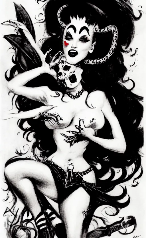 Prompt: of a witch girl burlesque psychobilly punk, rockabilly black hair, white background, drawing, illustration by frank frazetta