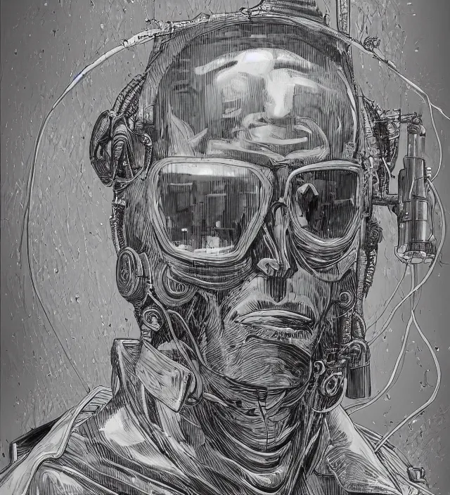 Prompt: a gritty character portrait of a cybernetic hacker / wizard in the style of jean giraud in the style of moebius trending on artstation deviantart pinterest detailed realistic hd 8 k high resolution