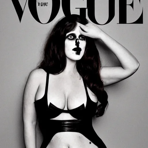 Prompt: photo of morbidly obese lana del rey wearing black metal face paint and giving the sign of the horns, vogue magazine, highly realistic