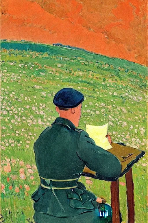 Prompt: a beautiful painting of a soldier writing a letter to home, in the trench, wwii, cuno amiet