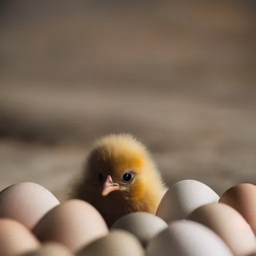 Prompt: a baby chick standing next to a cracked egg, close up photography