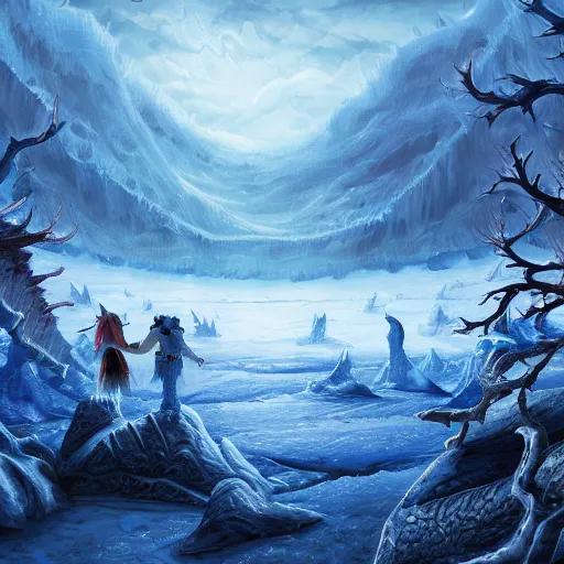 Image similar to a d & d background of a frozen lake with monsters beneath the ice, high quality digital art, gridless, vivid, blue tones, oil painting, trending on arstation, oil painting