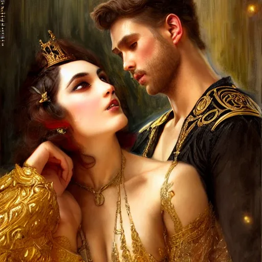 Image similar to attractive fully clothed king confesses his love for his attractive fully clothed male prince consort. highly detailed painting by gaston bussiere, tom bagshaw, j. c. leyendecker