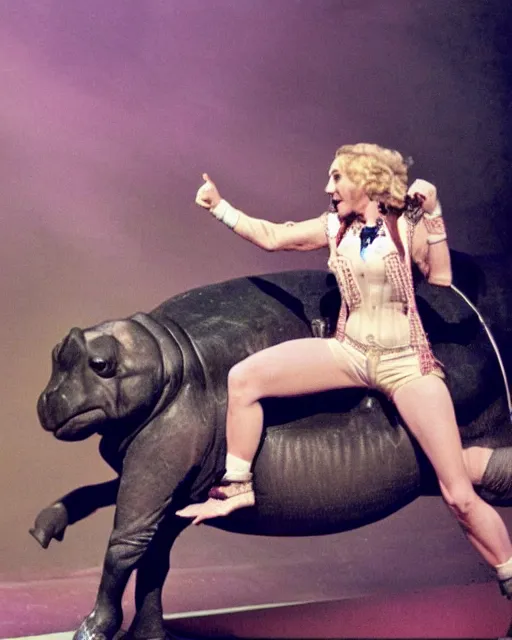 Image similar to photograph of Madonna Ciconne riding a Hippo during a concert performance