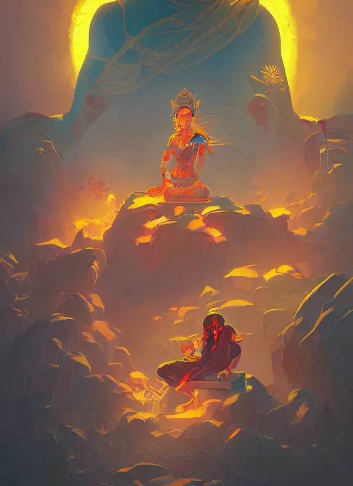 Prompt: Tibetan Book of the Dead, in the Style of Artgerm and Charlie Bowater and Atey Ghailan and Mike Mignola, vibrant colors and hard shadows and strong rim light, Comic Cover Art, plain background, trending on artstation