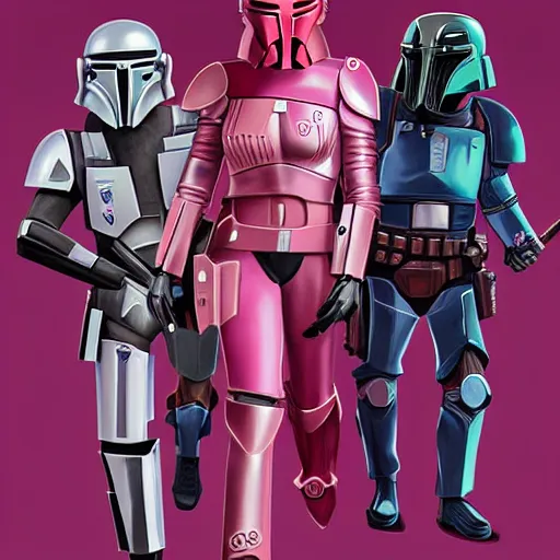 Image similar to bo katan, koska reeves, and a very fancy female mandalorian in a pink suit and bedazzled helmet. digital art. photo realistic. 4 k. intricate. detailed. by krenz cush art simon fetscher.