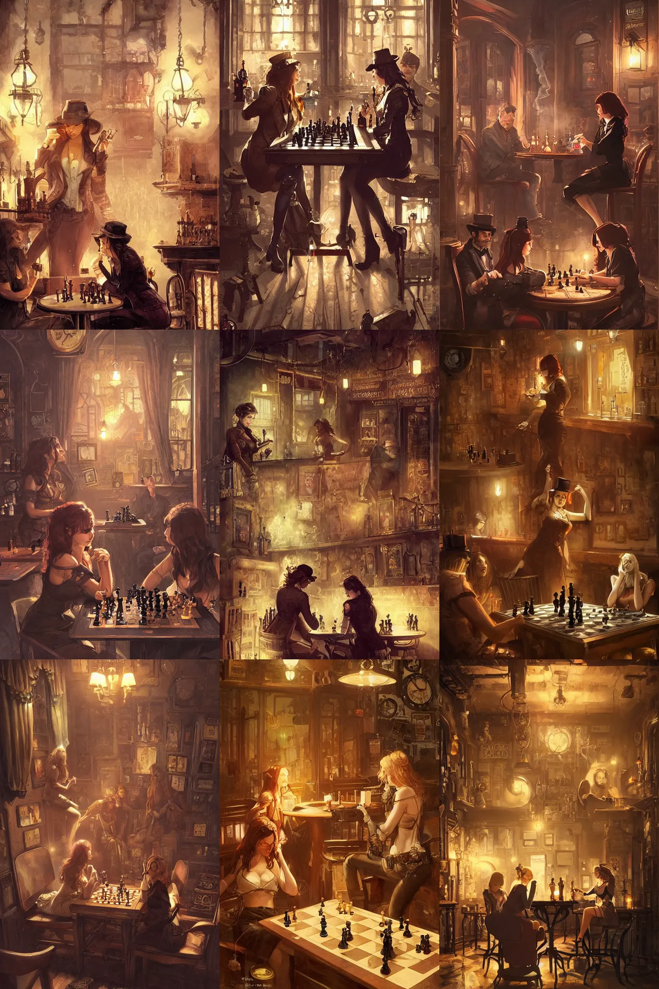 Prompt: women in the interior of a steampunk pub, Greg Rutkowski, Milo Manara, night time, smoking cigarettes, playing chess games, highly detailed, Quentin Tarantino movie posters, pulp fiction, level design, concept art, artstation, cgsociety, zenith view