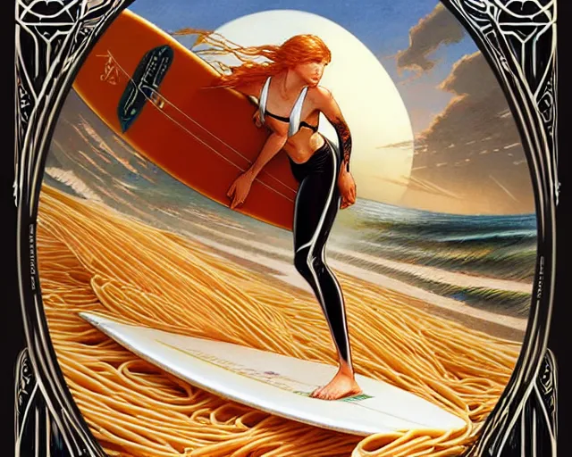 Prompt: beautiful ginger surfer is surfing on a surfboard in a sea of pasta, art nouveau, fantasy, intricate pasta waves, elegant, highly detailed, sharp focus, action art by artgerm and greg rutkowski and wlop