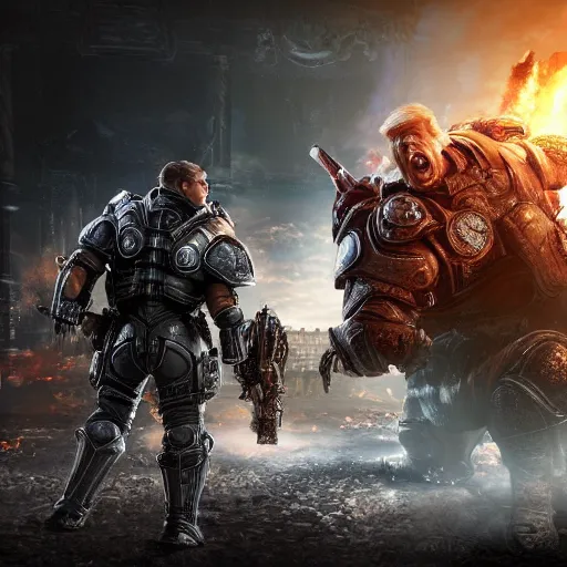 Image similar to Photo portrait of Donald Trump as Crusader!! in Gears of War, splash art, movie still, detailed face, photorealistic facial features, cinematic lighting, dramatic, octane render, long lens, shallow depth of field, bokeh, anamorphic lens flare, 8k, hyper detailed, 35mm film grain