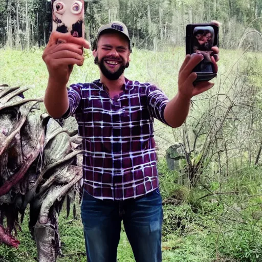 Prompt: a selfie of a guy smiling while standing next to a horrifying creature