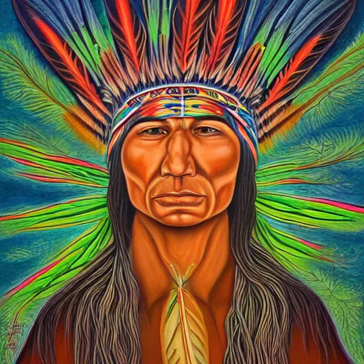 Prompt: a painting of elegant native american thinking by flooko, alex grey, forest, vibrant, detailed, ethereal, glows,