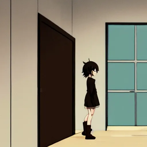 Image similar to a person standing in a room with a door open, an anime drawing by makoto shinkai, cgsociety, postminimalism, anime aesthetic, anime, official art h - 7 6 8