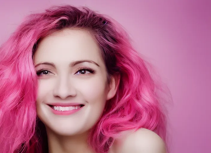 Prompt: portrait photography, the most beautiful woman in the world, beautiful, happy expression, cheery, 8k, closeup headshot, smooth, trending on 500px, pink hair