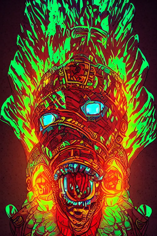 Image similar to totem animal tribal chaman vodoo mask feather gemstone plant wood rock video game illustration vivid color borderlands by josan gonzales and dan mumford radiating a glowing aura