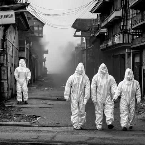 Prompt: a family wearing a hazmat suits on a post-war era street, walking away from the camera, dark smoke in the background, filthy streets, broken cars. Vines growing. Jpeg artifacts. Award-winning photo. Full-color photo. Samyang/Rokinon Xeen 50mm T1.5